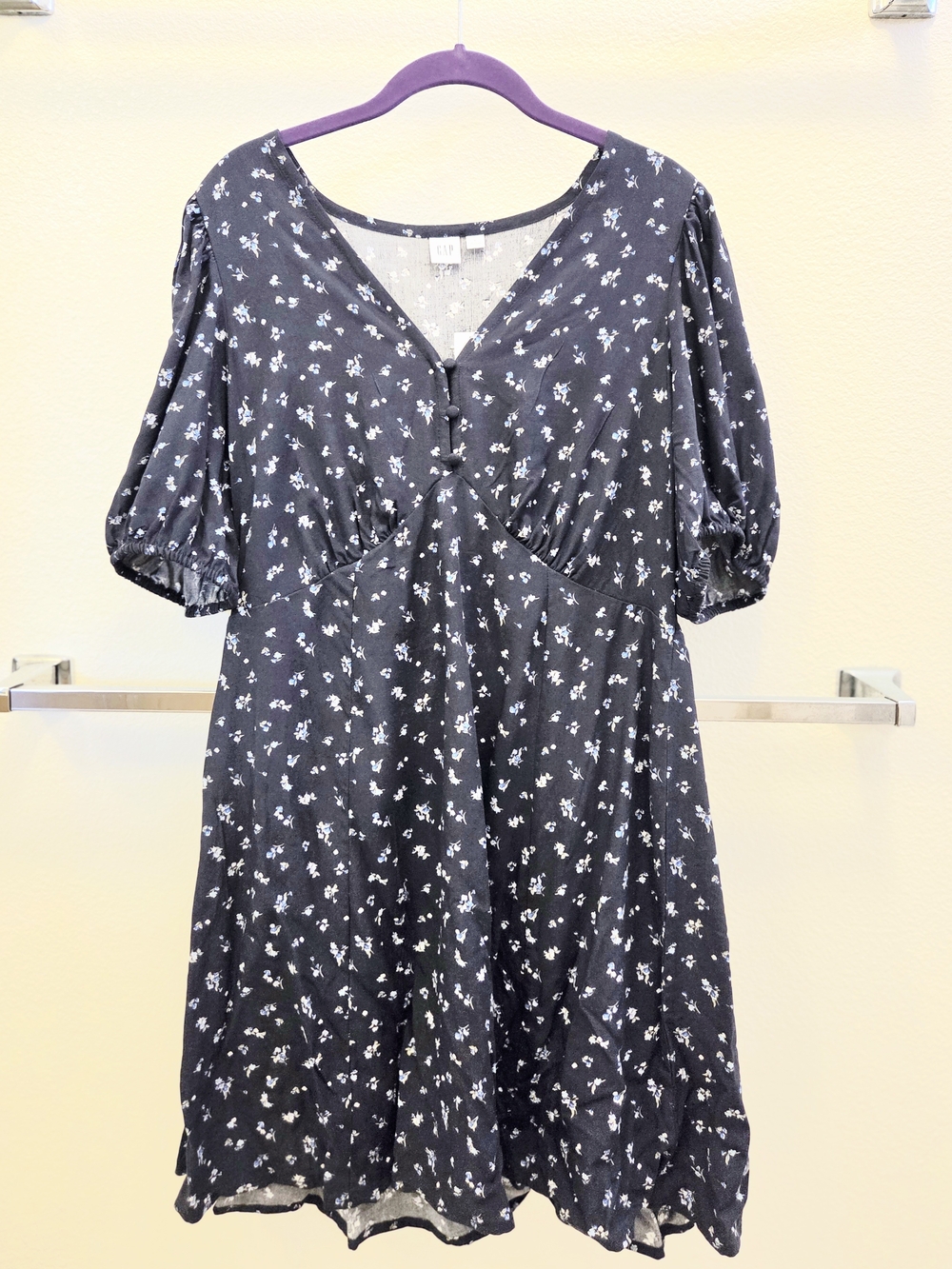 NEW Navy Blue Floral Puff-Sleeve Dress